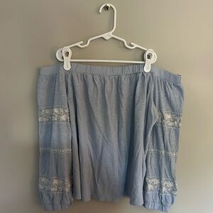 light blue off the shoulder blouse with lace